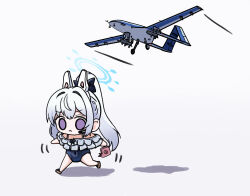 1girl absurdres air-to-surface_missile aircraft airplane bayraktar_tb2 blue_archive chibi drone full_body grey_hair highres mikanjam miyako_(blue_archive) miyako_(swimsuit)_(blue_archive) one-piece_swimsuit ponytail rabbit_ears simple_background solo swimsuit unmanned_aerial_vehicle unmanned_combat_aerial_vehicle white_background
