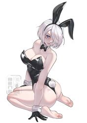1girl 2b_(nier:automata) animal_ears bare_shoulders barefoot beneceadraws black_bow black_bowtie black_gloves black_leotard blue_eyes bob_cut bow bowtie breasts commentary detached_collar fake_tail gloves hair_over_one_eye highres large_breasts leotard mole mole_under_mouth nier:automata nier_(series) playboy_bunny rabbit_ears rabbit_tail short_hair simple_background sitting solo strapless strapless_leotard swept_bangs tail wariza watermark white_background white_hair wrist_cuffs