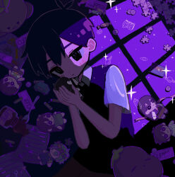 1boy antenna_hair aubrey_(headspace)_(omori) aubrey_(omori) bare_shoulders barefoot basil_(headspace)_(omori) basil_(omori) black_eyes black_hair black_sweater_vest blue_overalls blue_pajamas bow bright_pupils brown_shorts candy candy_wrapper character_doll checkered_clothes checkered_shirt collared_shirt doll food green_eyes green_hair green_shirt grin hair_between_eyes hair_bow head_wreath hero_(headspace)_(omori) hero_(omori) highres holding holding_doll jam kel_(headspace)_(omori) kel_(omori) long_hair long_sleeves lying male_focus mari_(headspace)_(omori) mari_(omori) neckerchief no_pupils omori omori_(omori) overalls pajamas pants pink_bow purple_eyes purple_hair purple_sweater_vest purple_theme puzzle puzzle_piece red_neckerchief shirt short_hair short_sleeves shorts skirt sleeveless sleeveless_shirt smile spoon sprout_mole striped_clothes striped_pajamas striped_pants striped_shirt stuffed_food stuffed_toy sunny_(omori) sweater_vest toy_car user_yprm7442 vertical-striped_clothes vertical-striped_pajamas vertical-striped_shirt white_pupils white_shirt