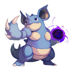 blue_eyes bluekomadori claws foreshortening full_body gen_1_pokemon highres nidoqueen nintendo no_humans outstretched_arm pokemon pokemon_(creature) shadow_ball_(pokemon) simple_background solo white_background