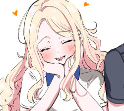 1boy 1girl ^_^ blonde_hair blue_collar blush closed_eyes collar collared_shirt commentary_request contrast_collar gakuen_idolmaster gym_shirt hands_on_own_cheeks hands_on_own_face heart hetero idolmaster juo_sena kasasagi_(futagodori888) multicolored_hair out_of_frame pink_hair shirt simple_background smile solo_focus streaked_hair two-tone_hair upper_body white_background white_shirt