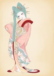 1girl aqua_eyes aqua_hair barefoot commentary_request fine_art_parody full_body geisha hair_ornament hair_stick hatsune_miku highres japanese_clothes kimono long_hair nihonga ono_tako parody parted_lips pink_kimono solo vocaloid worldwide_miku