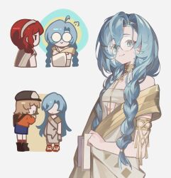 37_(reverse:1999) 3girls absurdres alternate_hairstyle ancient_greek_clothes armlet backpack bag black_boots blue_dress blue_eyes boots braid brown_hair chibi chibi_inset closed_mouth dress full_body glasses gold_choker greco-roman_clothes grey_background hat highres jacket jewelry long_hair looking_at_viewer low_twin_braids multiple_girls newsboy_cap quanx70909457 red_hair red_jacket red_socks regulus_(reverse:1999) reverse:1999 round_eyewear short_hair smile socks sophia_(reverse:1999) standing twin_braids upper_body