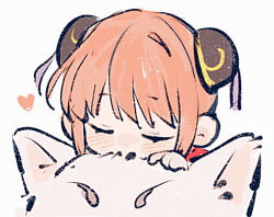 1girl animal bun_cover chibi chibi_only chin_rest chinese_commentary closed_eyes commentary_request dog double_bun gintama hair_bun hand_on_another&#039;s_head head_on_head head_rest heart kagura_(gintama) linbeiyx orange_hair out_of_frame oversized_animal sadaharu simple_background u_u white_background white_dog