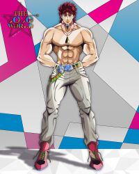 Rule 34 | 1boy, abs, anime coloring, arms behind back, belt, belt buckle, birthmark, boots, buckle, choker, commentary, denim, earrings, full body, genda art, green belt, grey eyes, grey pants, highres, jeans, jewelry, joestar birthmark, jojo no kimyou na bouken, jonathan joestar, logo, looking at viewer, male focus, manly, messy hair, muscular, muscular male, necklace, official style, pants, pectorals, phantom blood, recolored, red belt, red boots, red choker, red hair, shadow, solo, stone mask (jojo), stud earrings, topless male, triangle print, yellow lips