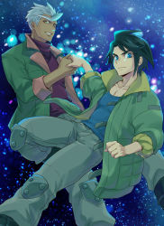 2boys ahoge black_hair blue_eyes dark-skinned_male dark_skin gundam gundam_tekketsu_no_orphans holding_hands isa_(peien516) jacket male_focus mikazuki_augus multiple_boys orga_itsuka red_shirt shirt star_(symbol) star_symbol_background turtleneck white_hair