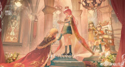 absurdres bang_dream! bang_dream!_it&#039;s_mygo!!!!! black_footwear black_hair black_socks blue_shirt blue_skirt breasts brown_dress brown_hair brown_shirt cang_(akaga204) cape capelet chandelier chihaya_anon chinese_commentary closed_eyes commentary_request crown dress green_skirt grey_eyes grey_hair grey_jacket grey_skirt hanasakigawa_school_uniform hand_on_own_hip hand_up haneoka_school_uniform highres indoors jacket kaname_raana kneehighs kneeling loafers long_hair long_sleeves medium_breasts mole mole_under_eye mygo!!!!!_(bang_dream!) nagasaki_soyo neck_ribbon on_ground own_hands_together palace pink_hair plaid_clothes plaid_skirt pleated_dress pleated_skirt purple_eyes red_cape red_capelet red_ribbon ribbon sailor_collar sailor_dress school_uniform serafuku shiina_taki shirt shoes short_hair sidelocks sitting skirt socks stained_glass standing takamatsu_tomori throne tsukinomori_school_uniform watermark weibo_watermark white_hair white_sailor_collar