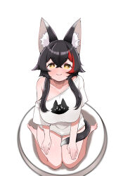 1girl adapted_costume animal_ears black_hair blush breasts closed_mouth collarbone commentary_request hololive kani_bonara large_breasts long_hair looking_at_viewer multicolored_hair no_pants ookami_mio red_hair sidelocks single_bare_shoulder single_thighhigh sitting skirt smile solo streaked_hair tail tail_around_own_leg tail_wrap thighhighs virtual_youtuber wariza white_skirt wolf_ears wolf_girl wolf_tail yellow_eyes