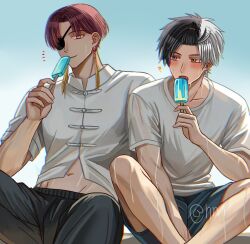 Rule 34 | 2boys, ?, black hair, black pants, black shorts, blush, earrings, eyepatch, food, grey eyes, heterochromia, holding, holding food, holding popsicle, hyohls2 (hamao3o), jewelry, male focus, multicolored hair, multiple boys, navel, open clothes, open mouth, open shirt, pants, popsicle, red eyes, red hair, sakura haruka (wind breaker), shirt, short hair, shorts, split-color hair, stomach, suo hayato, t-shirt, two-tone hair, white hair, white shirt, wind breaker (nii satoru), yellow eyes