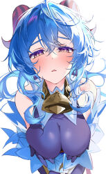 1girl ahoge bare_shoulders bell black_gloves blue_hair blush bodystocking breast_hold breasts detached_sleeves dress ganyu_(genshin_impact) genshin_impact gloves highres hirai_yuzuki horns large_breasts long_hair looking_at_viewer pantyhose parted_lips purple_eyes sidelocks solo thighs white_dress