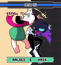 1boy 1other acenth black_hair capelet character_name deltarune full_body furry furry_male glasses gloves goat horns kris_(dark_world)_(deltarune) kris_(deltarune) pink_capelet pink_scarf ralsei scarf short_hair sonic_(series) sonic_advance_(series) sonic_advance_3 white_gloves white_hair