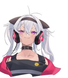 1girl :i absurdres black_collar black_hairband blush closed_mouth collar cropped_torso hair_between_eyes hairband headphones highres jacket long_hair looking_at_viewer matsukai_mao matsukai_mao_(1st_costume) nijisanji open_clothes open_jacket pink_eyes sidelocks simple_background solo spiked_collar spikes spmkwy twintails upper_body virtual_youtuber white_background white_hair