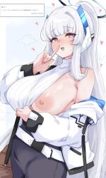 1girl blue_archive breasts halo heart highres jacket large_breasts long_hair looking_at_viewer machismo_fuji mechanical_halo nipples noa_(blue_archive) one_breast_out purple_eyes solo