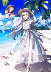 1girl :d anastasia_(fate) anastasia_(swimsuit_archer)_(fate) anastasia_(swimsuit_archer)_(first_ascension)_(fate) arm_at_side arm_up bangle beach blue_dress blue_sky blush bow bracelet breasts cleavage cloud day doll dress earrings fate/grand_order fate_(series) food foot_out_of_frame front_slit game_cg hair_over_one_eye hand_on_headwear hat hat_bow holding holding_food ice jewelry layered_dress long_dress long_hair looking_at_viewer medium_breasts off-shoulder_dress off_shoulder official_art open_mouth palm_tree parted_bangs pendant ribbon sandals see-through_cleavage see-through_clothes see-through_dress_layer shaved_ice sime_(echo) sky smile solo spaghetti_strap standing straw_hat sun_hat sundress teeth third-party_source toes tree upper_teeth_only variant_set very_long_hair viy_(fate) waist_bow white_bow white_hair white_ribbon