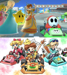 3girls ;d backwards_hat blonde_hair blue_eyes blue_jacket bow brown_gloves brown_hair cropped_jacket earrings eyewear_on_head fingerless_gloves flower_earrings game_screenshot_inset gloves hair_bow hair_over_one_eye hat highres jacket jewelry kicdon long_hair looking_at_viewer luma_(mario) mario_(series) mario_kart mario_kart_world multiple_girls nintendo official_alternate_costume one_eye_closed open_clothes open_jacket open_mouth orange_gloves pants pink_bow pink_jacket ponytail princess_daisy princess_daisy_(touring) princess_peach princess_peach_(touring) rosalina rosalina_(touring) shirt short_hair shorts shy_guy smile star_(symbol) star_earrings sunglasses super_smash_bros. teeth upper_teeth_only white_bow white_gloves white_shirt yellow_jacket