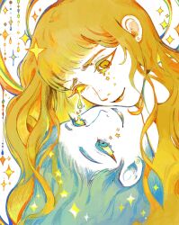 2girls aqua_eyes aqua_hair birdfrogdraws blonde_hair cheek-to-cheek closed_mouth color_contrast colored_eyelashes colored_sclera crescent crescent_earrings dual_persona earrings eye_contact furrowed_brow glowing_tears halo heads_together highres jewelry leaking limited_palette lipstick long_hair looking_at_another makeup multiple_girls original portrait smile solid_eye sparkle sparkle_background star_(symbol) star_earrings star_tears surreal wavy_hair white_background yellow_eyes yellow_sclera