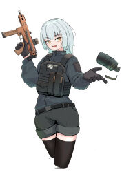 1girl absurdres ammunition_pouch b&amp;t_kh9 belt black_belt black_gloves black_thighhighs bob_cut bulletproof_vest commentary cropped_legs english_commentary explosive gloves grenade grenade_pin grey_jacket grey_shorts gun highres holding holding_gun holding_weapon jacket load_bearing_vest long_sleeves magazine_(weapon) okapi_(yomaigoto) optical_sight original pouch shark sharp_teeth short_hair shorts simple_background solo submachine_gun tactical_clothes teeth thighhighs trigger_discipline unit_patch weapon white_background white_hair yellow_eyes zettai_ryouiki zipper_pull_tab