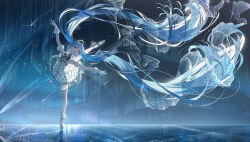Rule 34 | 1girl, absurdres, arm up, aurora, ballerina, ballet slippers, blue eyes, blue hair, bu bai (wres2744), dress, gloves, gramophone miku, gramophone miku (frostflower), hatsune miku, highres, leg up, long hair, miku symphony (vocaloid), official alternate costume, official alternate hairstyle, official art, official wallpaper, open mouth, outdoors, scenery, short dress, solo, thighhighs, tutu, twintails, very long hair, vocaloid, white dress, white gloves, white thighhighs