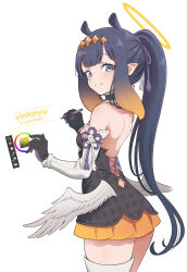 Rule 34 | 1girl, alternate hairstyle, bare shoulders, black collar, black dress, black gloves, blue eyes, blue hair, center-flap bangs, closed mouth, collar, color wheel, commentary, cross-laced clothes, cross-laced dress, detached sleeves, dress, feathered wings, fur-trimmed collar, fur trim, gloves, gradient hair, half gloves, halo, highres, holding, holding pen, hololive, hololive english, long hair, looking at viewer, low wings, median furrow, miniskirt, mole, mole under eye, multicolored hair, ninomae ina&#039;nis, ninomae ina&#039;nis (1st costume), orange hair, orange skirt, pen, pleated skirt, pointy ears, ponytail, short dress, shoulder blades, sidelocks, single detached sleeve, single thighhigh, skirt, skirt under dress, smile, solo, strapless, strapless dress, symbol-only commentary, tabi, tentacle hair, tentacles, thighhighs, tube dress, very long hair, vinhnyu, virtual youtuber, white thighhighs, white wings, wings