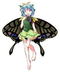 1girl alphes_(style) antennae aqua_hair bandaid barefoot butterfly_wings commentary_request dairi dress eternity_larva fairy flat_chest full_body green_skirt hand_on_own_chest highres insect_wings large_variant_set leaf leaf_on_head multicolored_dress parody simple_background skirt solo style_parody tachi-e tears touhou transparent_background variant_set wings