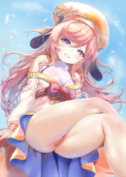 1girl absurdres ayakashi_rumble! bar_censor bare_shoulders beret blue_eyes breasts brown_hair censored commission crossed_legs ebisu_(ayakashi_rumble!) grin hat highres loli long_hair looking_at_viewer nironiro no_panties off-shoulder_shirt off_shoulder pixiv_commission pussy shirt small_breasts smile solo