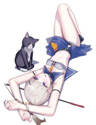 1girl arm_strap armpits arms_up bare_legs bare_shoulders belt blue_sailor_collar blue_skirt bra breasts cat commentary grey_bra grey_panties highres knees_up lying miniskirt navel on_back open_mouth original panties pleated_skirt purple_eyes rin_yuushi_(suumon) sailor_collar short_hair side_slit simple_background skirt small_breasts solo stomach strapless strapless_bra suumon tassel thighs underboob underwear white_background white_hair