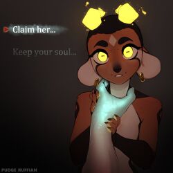 Rule 34 | 1girl, absurdres, artist name, body fur, breasts, brown fur, colored skin, demon girl, earrings, fingernails, gradient background, green skin, highres, horizontal pupils, horns, jewelry, kody (pudgeruffian), original, pudgeruffian, sharp fingernails, small breasts, smile, solo, teeth, upper body, yellow eyes