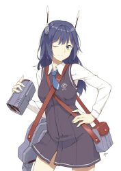 Rule 34 | 1girl, ;), afa, artist name, bag, black hair, black skirt, blue eyes, breasts, command &amp; conquer, hand on own hip, handbag, headset, long hair, long sleeves, one eye closed, simple background, skirt, small breasts, smile, standing, white background