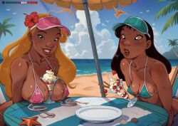 2girls aqua_bikini aqua_hat areola_slip artist_name beach beach_umbrella bikini black_hair blonde_hair blue_bikini blue_eyes blush breasts brown_eyes cleavage cloud day flower food food_between_breasts hair_flower hair_ornament hat hibiscus highres ice_cream large_breasts lifeguard_(lilo_&amp;_stitch) lilo_&amp;_stitch lips long_hair multiple_girls nani_pelekai outdoors palm_tree pink_bikini pink_hat plate red_flower shell small_breasts starfish subscribestar_username sundae sweat swimsuit table tailforked tree umbrella visor_cap water watermark web_address