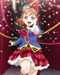 1girl :d ahoge artbook ascot blush bow braid confetti earrings gloves hair_bow happy_party_train hat heart heart_earrings highres jewelry long_sleeves looking_at_viewer love_live! love_live!_sunshine!! non-web_source official_alternate_costume official_art open_mouth orange_hair plaid_clothes plaid_skirt pleated_skirt pointing red_eyes red_skirt short_hair side_braid skirt smile solo takami_chika white_gloves