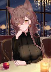 1girl absurdres animal_ears aoi_tooru arknights black_sweater breasts brown_hair cup drinking_glass earrings extra_ears glass hair_between_eyes highres jewelry long_hair long_sleeves looking_at_viewer mole mole_above_eye mole_on_forehead night penance_(arknights) ribbed_sweater solo sweater turtleneck turtleneck_sweater wolf_ears wolf_girl yellow_eyes