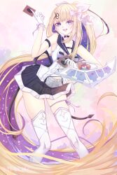 1girl amanogawa_shiina arm_strap black_choker black_sailor_collar black_skirt blonde_hair blue_eyes bow card choker colored_inner_hair constellation_print duel_disk gloves hair_bow hair_ribbon highres holding holding_card leg_ribbon marnhilson miniskirt multicolored_hair open_mouth phase_connect purple_hair purple_ribbon ribbon sailor_collar scissors_hair_ornament skirt sleeveless solo thigh_ribbon thighhighs twitter_username virtual_youtuber white_bow white_gloves white_ribbon white_thighhighs yu-gi-oh!