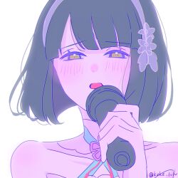 1girl 37.5c_no_fantasy aoku_haruka/flower bare_shoulders black_hair blunt_bangs blunt_ends blush bob_cut collarbone commentary_request criss-cross_halter dress green_eyes halter_dress halterneck highres holding holding_microphone kzkz_lvlv link!_like!_love_live! love_live! microphone momose_ginko official_alternate_costume portrait purple_theme short_hair simple_background solo twitter_username virtual_youtuber white_background
