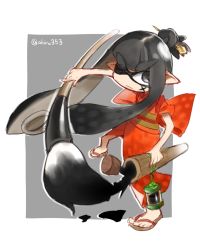 1girl ahiru353 black_eyes black_hair calligraphy_brush eyebrows facepaint female_focus hair_ornament hairpin highres inkling inkling_girl inkling_player_character inkwell japanese_clothes kimono monster_girl nintendo one_eye_closed paintbrush pointy_ears sandals simple_background solo splatoon_(series) splatoon_1 tanaka_ahiru tentacle_hair thick_eyebrows topknot twitter_username