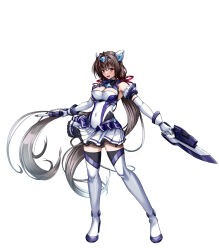 1girl bare_shoulders boots breasts brown_eyes brown_hair cleavage commentary_request detached_sleeves dress dual_wielding exs-tia_spica frilled_skirt frills full_body gem genderswap genderswap_(mtf) gloves green_gemstone gunblade highres holding holding_weapon katsuragi_souma kouyoku_senki_exs-tia kozu_rokuta leotard long_hair low_twintails magical_girl pleated_skirt red_ribbon ribbon simple_background skirt solo thighhighs twintails weapon white_background white_gloves white_skirt