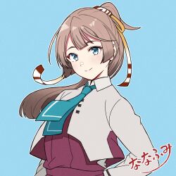 1girl aqua_necktie blazer blue_background blue_eyes brown_hair character_name collared_shirt fuminomino grey_jacket hair_ribbon hand_on_own_hip highres jacket kantai_collection kazagumo_(kancolle) kazagumo_kai_ni_(kancolle) long_hair necktie ponytail ribbon shirt smile solo upper_body