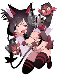1girl animal_ears blush claw_pose commentary_request cosplay eyelashes fang fate/grand_order fate_(series) gen_7_pokemon litten looking_at_viewer mash_kyrielight mash_kyrielight_(dangerous_beast) mash_kyrielight_(dangerous_beast)_(cosplay) navel nintendo official_alternate_costume open_mouth pokemon pokemon_sm revealing_clothes selene_(pokemon) shiny_skin tail ter_(otokoter) thighhighs tongue