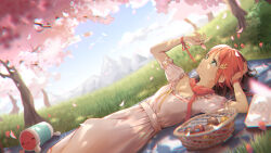 1girl apple basket blue_sky breasts cherry_blossoms chromatic_aberration commentary day dress drum dutch_angle english_commentary floral_print food fruit grass green_eyes hair_ornament highres instrument mountainous_horizon osu! outdoors petals pink_dress pippi_(osu!) red_hair red_ribbon ribbon short_hair short_sleeves sketchbook sky small_breasts taiko_drum taiko_no_tatsujin tofumang tree twitter_username uwu wada_don wrist_ribbon