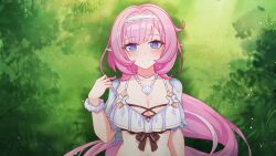1girl absurdres bikini blue_eyes breasts cleavage closed_mouth elf elysia_(honkai_impact) elysia_(miss_pink_elf)_(honkai_impact) elysia_(summer_miss_elf)_(honkai_impact) hairband henjiwumei highres honkai_(series) honkai_impact_3rd jewelry large_breasts long_hair lying necklace official_alternate_costume on_back on_grass outdoors pearl_necklace pink_hair pointy_ears shell shell_necklace smile solo stomach swimsuit upper_body white_bikini white_hairband