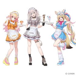 3girls ahoge animal_ears apron black_gloves black_socks blonde_hair blue_shirt blue_shoes blue_skirt closed_mouth double_bun food fox_ears fox_girl fox_tail full_body gloves grey_hair grey_shirt grey_shoes grey_skirt gyaru_v hair_bun hand_on_own_hip hololive lion_ears lion_girl lion_tail long_hair looking_at_viewer maid maid_apron maid_headdress momosuzu_nene moya_(toatomoot) multicolored_hair multicolored_shoes multiple_girls official_art omaru_polka open_mouth orange_shirt orange_skirt pink_hair pink_shoes plate shirt shishiro_botan shoes short_sleeves simple_background skirt smile socks standing standing_on_one_leg streaked_hair tail tongue tongue_out two-tone_shoes two_side_up v very_long_hair virtual_youtuber white_apron white_background white_socks yellow_shoes