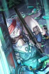 1girl assault_rifle bandana boots brown_eyes bullpup can caseless_firearm chinese_commentary commentary_request crushed_can full_body g11_(girls&#039;_frontline) girls&#039;_frontline girls&#039;_frontline_2:_exilium green_jacket grey_hair gun h&amp;k_g11 highres hitokoto holding holding_gun holding_weapon jacket looking_at_viewer mechty_(girls&#039;_frontline_2) off_shoulder parted_lips pouch red_bandana rifle short_hair sitting solo thigh_pouch watermark weapon weibo_watermark