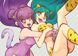 2girls animal_ears cat_ears cat_tail chinese_clothes green_hair horns lum multiple_girls purple_hair ranma_1/2 shampoo_(ranma_1/2) sidelocks tail urusei_yatsura