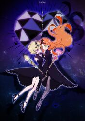 2girls black_dress black_shoes blonde_hair chocolat_meilleure commentary_request copyright_name dress floating_hair full_body green_eyes heart heart_wand high_heels highres holding holding_wand long_hair looking_at_viewer magical_girl multiple_girls orange_hair purple_eyes shoes short_hair sugar_sugar_rune tiara turtleneck twitter_username vanilla_mieux wand yuzikoz_mega