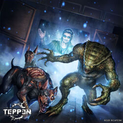 1boy blonde_hair blood box capcom cataracts cerberus_(resident_evil) claws daniel_fabron dog_tags fangs hair_slicked_back highres hunter_(resident_evil) injury jacket jun_ishimaru monster no_pupils official_art open_clothes open_jacket resident_evil resident_evil:_resistance ribs saliva sharp_teeth slit_pupils smile sunglasses tail teeth teppen tongue undead watch white_eyes wristwatch yellow_eyes zombie zombie_dog