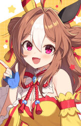 1girl :d ahoge animal_ears blue_gloves blush breasts brown_hair cleavage commentary_request copano_rickey_(umamusume) detached_sleeves double_bun dress fang fingerless_gloves frilled_sleeves frills gloves hair_between_eyes hair_bun hair_intakes hand_up horse_ears index_finger_raised long_hair long_sleeves mauve medium_breasts multicolored_hair open_mouth purple_eyes smile solo star_(symbol) strapless strapless_dress two-tone_hair umamusume upper_body very_long_hair white_hair wide_sleeves yellow_dress yellow_sleeves