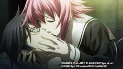 1boy 1girl black_dress blue_eyes blue_hair breasts chaos;child closed_eyes dress dress_shirt eyewear_on_head french_kiss glasses hair_between_eyes hetero holding holding_detached_head kiss miyashiro_takuru night official_art onoe_serika red_eyes red_hair saliva sasaki_mutsumi school_uniform shirt short_hair short_hair_with_long_locks sidelocks tongue tongue_out