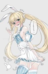 1girl absurdres animal_ear_hairband animal_ears argyle_clothes argyle_thighhighs artoria_caster_(fate) artoria_caster_(swimsuit_berserker)_(fate) artoria_caster_(swimsuit_berserker)_(second_ascension)_(fate) artoria_pendragon_(fate) bare_arms bare_shoulders blonde_hair blue_dress blue_thighhighs blush bow bowtie breasts detached_sleeves dialogue_box dress fake_animal_ears fate/grand_order fate_(series) full_body green_eyes grey_background hairband hands_up highres leotard long_hair looking_at_viewer off_shoulder open_mouth playboy_bunny pleated_skirt puffy_short_sleeves puffy_sleeves rabbit_ears short_sleeves simple_background sisila_neco skirt solo striped_clothes striped_thighhighs thighhighs thighs traditional_bowtie twintails twitter_username two-tone_thighhighs vertical-striped_clothes vertical-striped_thighhighs white_skirt