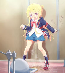 Rule 34 | 1girl, 22m, blonde hair, blue hoodie, blue skirt, blue socks, blush, bow, bowtie, breath, door, embarrassed, female focus, full body, hair bun, hair ornament, hairclip, hand up, hood, hoodie, indoors, japanese text, kin-iro mosaic, kneehighs, kujou karen, legs apart, long hair, long sleeves, open mouth, peeing, peeing self, pleated skirt, puddle, purple eyes, red bow, red shoes, shirt, shoes, single hair bun, skirt, socks, solo, squat toilet, standing, steam, tears, toilet, toilet stall, translation request, union jack, wet, wet clothes, white shirt, x hair ornament