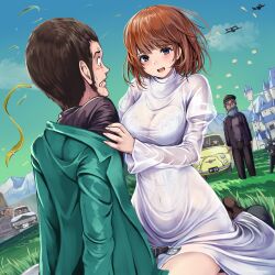 2girls arsene_lupin_iii belt blue_eyes blush bra breasts brown_hair car castle_of_cagliostro clarisse_de_cagliostro cloud dog dress grass green_jacket highres jacket jigen_daisuke lupin_iii mine_fujiko monikano motor_vehicle multiple_boys multiple_girls navel on_grass open_mouth panties police short_hair smile underwear white_bra white_dress white_panties zenigata_kouichi