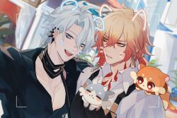 2boys antenna_hair apron black_apron black_choker black_shirt blonde_hair blue_eyes braid chest_tattoo chimera chinese_commentary choker collared_shirt commentary_request creature creature_on_shoulder drawn_ears drawn_whiskers earclip elims facial_tattoo gradient_hair hair_between_eyes highres honkai:_star_rail honkai_(series) looking_at_another male_focus medium_hair multicolored_hair multiple_boys mydei_(honkai:_star_rail) official_alternate_costume on_shoulder open_mouth outdoors parted_bangs pectoral_cleavage pectorals phainon_(fashion)_(honkai:_star_rail) phainon_(honkai:_star_rail) ponytail red_hair red_tattoo selfie shirt short_hair side_braid tattoo viewfinder white_hair white_shirt yellow_eyes